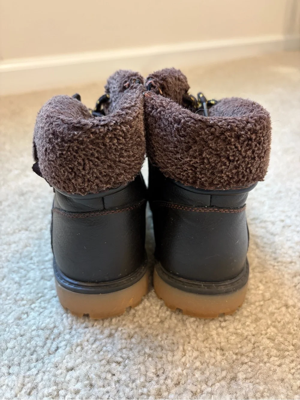 Kids Faux-Fur Collar Brown Outdoor Boots